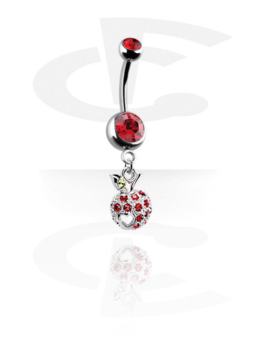Curved Barbells, Belly button ring (surgical steel, silver, shiny finish) with apple charm and crystal stones, Surgical Steel 316L ,  Plated Brass