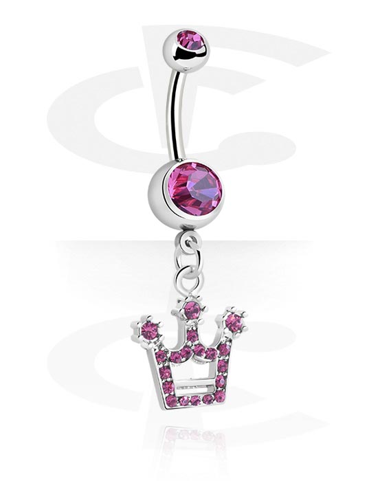 Curved Barbells, Belly button ring (surgical steel, silver, shiny finish) with crown charm and crystal stones, Surgical Steel 316L, Plated Brass
