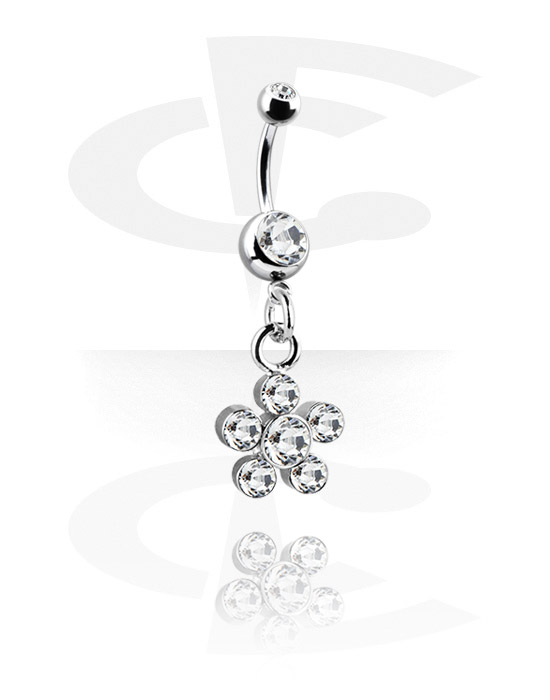 Curved Barbells, Belly button ring (surgical steel, silver, shiny finish) with flower attachment and crystal stones, Surgical Steel 316L, Plated Brass