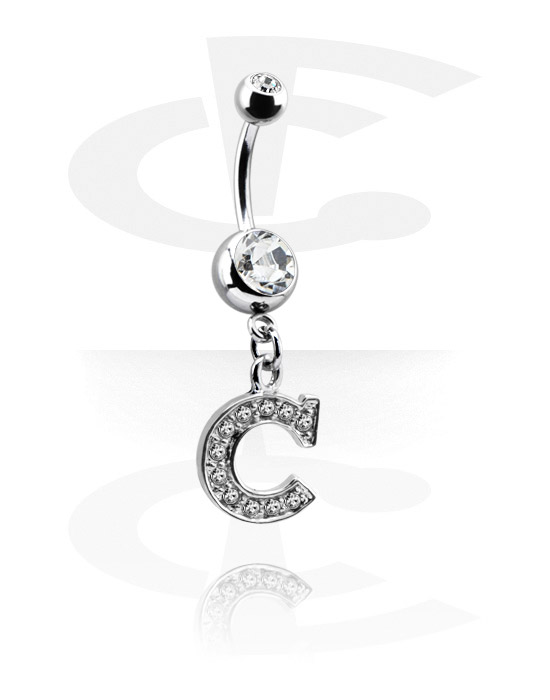 Curved Barbells, Belly button ring (surgical steel, silver, shiny finish) with charm with letter "C" and crystal stones, Surgical Steel 316L, Plated Brass