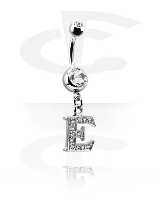 Buede stave, Navlering (kirurgisk stål, sølv, blank finish) med charm med bogstavet E og krystaller, Kirurgisk stål 316L, Pletteret messing