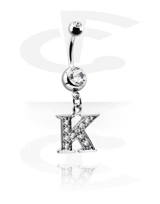 Buede stave, Navlering (kirurgisk stål, sølv, blank finish) med charm med bogstavet K og krystaller, Kirurgisk stål 316L, Pletteret messing
