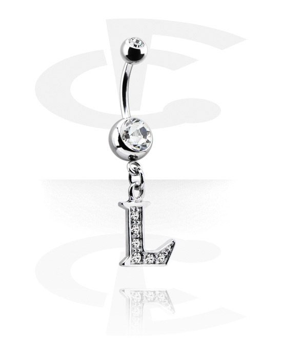 Buede stave, Navlering (kirurgisk stål, sølv, blank finish) med charm med bogstavet L og krystaller, Kirurgisk stål 316L, Pletteret messing