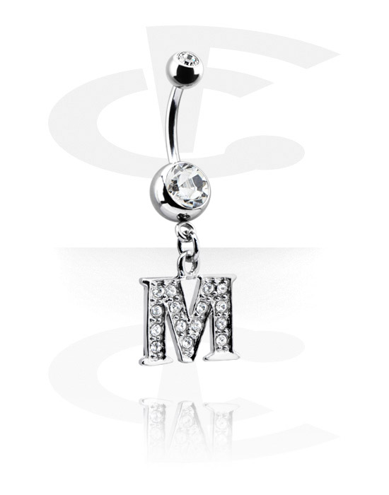 Bøyde barbeller, Navlering (kirurgisk stål, sølv, skinnende finish) med charm med bokstaven "M" og krystallsteiner, Kirurgisk stål 316L, Belagt messing