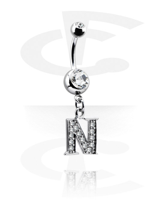 Buede stave, Navlering (kirurgisk stål, sølv, blank finish) med charm med bogstavet N og krystaller, Kirurgisk stål 316L, Pletteret messing