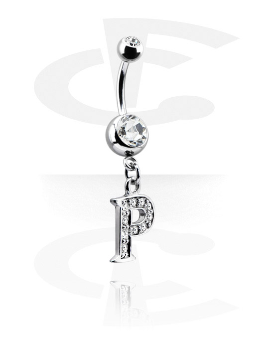 Curved Barbells, Belly button ring (surgical steel, silver, shiny finish) with charm with letter "P" and crystal stones, Surgical Steel 316L, Plated Brass