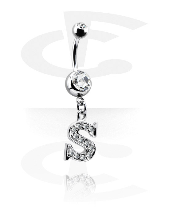 Buede stave, Navlering (kirurgisk stål, sølv, blank finish) med charm med bogstavet S og krystaller, Kirurgisk stål 316L, Pletteret messing
