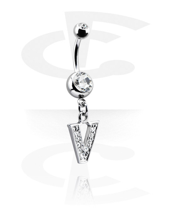 Curved Barbells, Belly button ring (surgical steel, silver, shiny finish) with charm with letter "V" and crystal stones, Surgical Steel 316L, Plated Brass