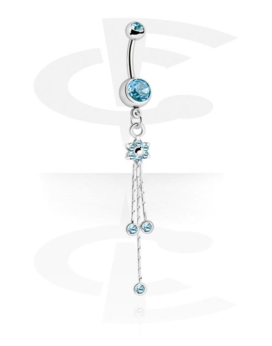 Curved Barbells, Belly button ring (surgical steel, silver, shiny finish) with flower charm and crystal stones, Surgical Steel 316L, Plated Brass