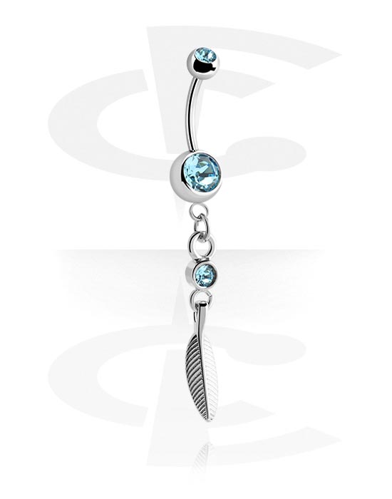 Curved Barbells, Belly button ring (surgical steel, silver, shiny finish) with feather charm and crystal stones, Surgical Steel 316L, Plated Brass