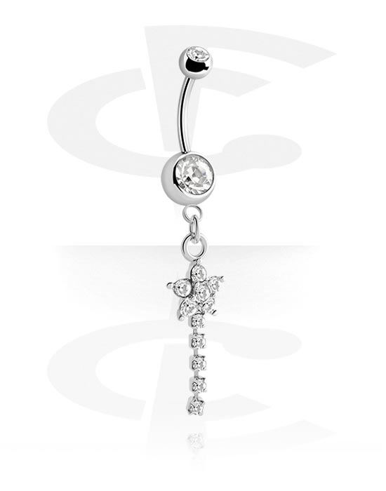 Curved Barbells, Belly button ring (surgical steel, silver, shiny finish) with flower charm and crystal stones, Surgical Steel 316L, Plated Brass