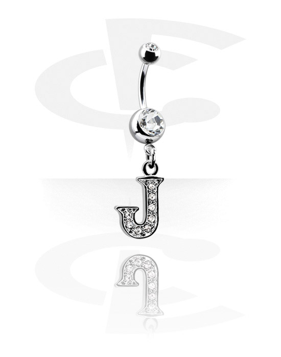 Curved Barbells, Belly button ring (surgical steel, silver, shiny finish) with Jewelled Balls and charm with letter "J", Surgical Steel 316L, Plated Brass