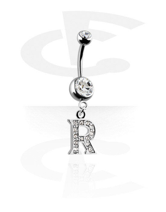 Curved Barbells, Belly button ring (surgical steel, silver, shiny finish) with charm with letter "R" and crystal stones, Surgical Steel 316L, Plated Brass