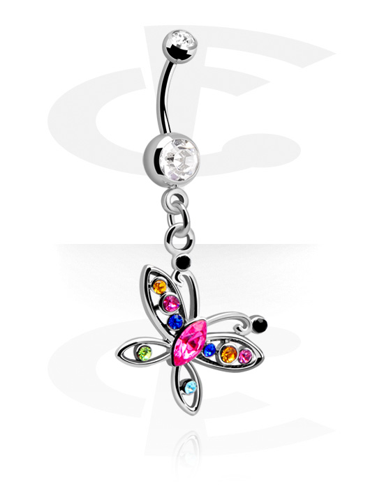 Curved Barbells, Banana with Jewelled Balls and charm, Surgical Steel 316L, Plated Brass