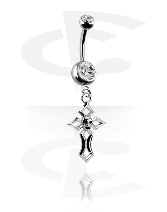 Curved Barbells, Belly button ring (surgical steel, silver, shiny finish) with cross charm and crystal stones, Surgical Steel 316L, Plated Brass