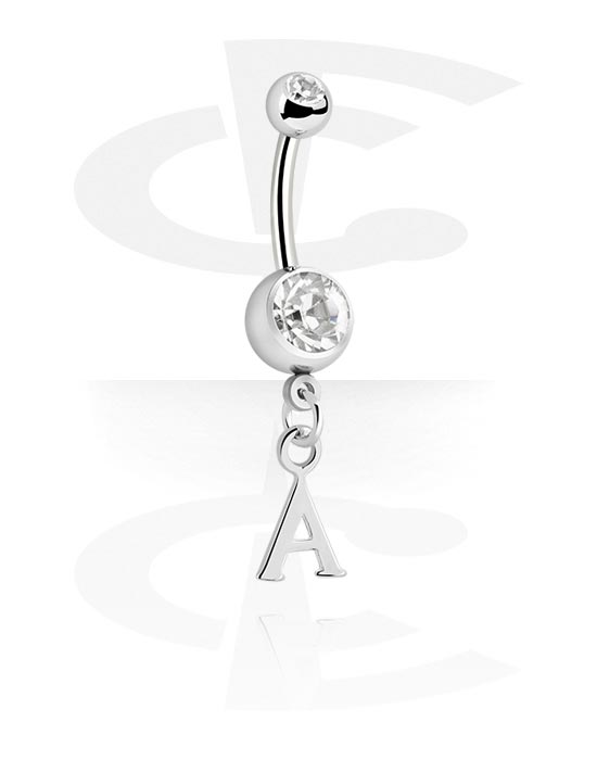 Curved Barbells, Belly button ring (surgical steel, silver, shiny finish) with charm with letter "A" and crystal stones, Surgical Steel 316L, Plated Brass
