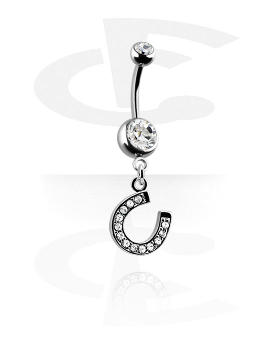 Curved Barbells, Belly button ring (surgical steel, silver, shiny finish) with horseshoe charm and crystal stones, Surgical Steel 316L, Plated Brass