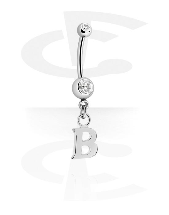 Curved Barbells, Belly button ring (surgical steel, silver, shiny finish) with charm with letter "B" and crystal stones, Surgical Steel 316L, Plated Brass