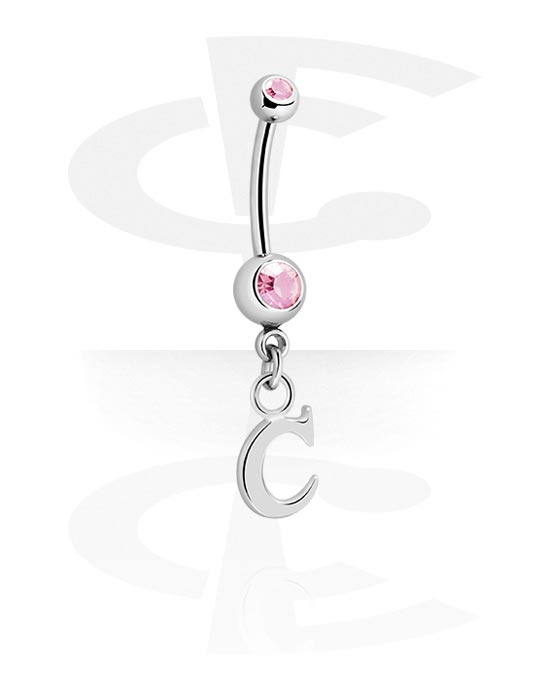 Curved Barbells, Belly button ring (surgical steel, silver, shiny finish) with crystal stones and charm with letter "C", Surgical Steel 316L, Plated Brass