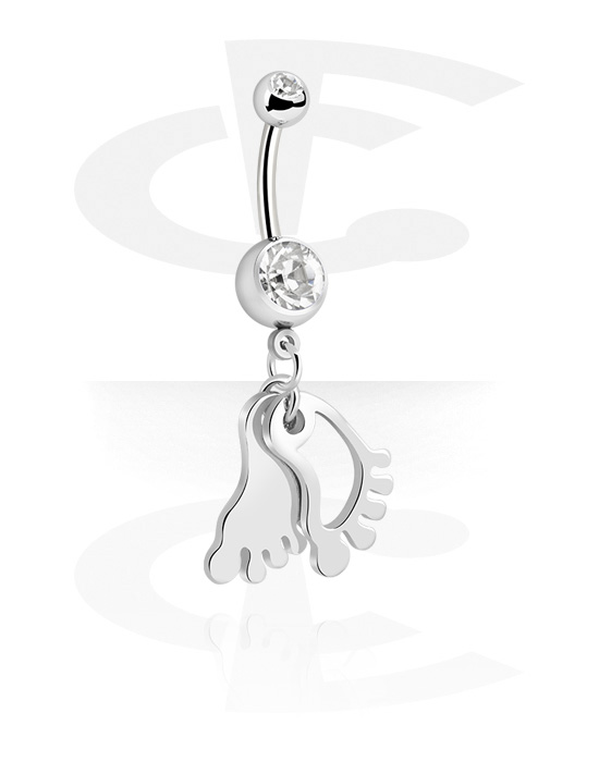 Curved Barbells, Belly button ring (surgical steel, silver, shiny finish) with foot charm and crystal stones, Surgical Steel 316L, Plated Brass