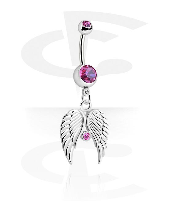 Curved Barbells, Belly button ring (surgical steel, silver, shiny finish) with wing charm and crystal stones, Surgical Steel 316L, Plated Brass