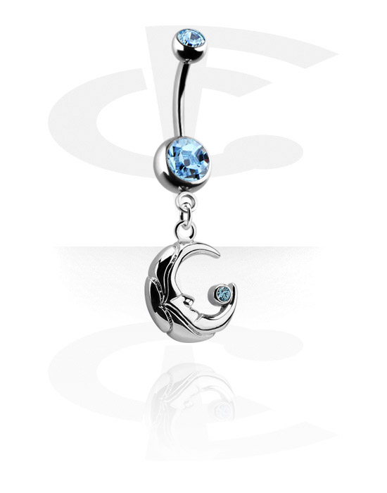 Curved Barbells, Belly button ring (surgical steel, silver, shiny finish) with half moon charm and crystal stones, Surgical Steel 316L, Plated Brass