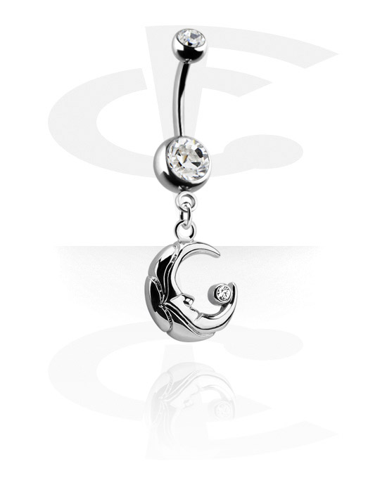 Curved Barbells, Belly button ring (surgical steel, silver, shiny finish) with half moon charm and crystal stones, Surgical Steel 316L, Plated Brass