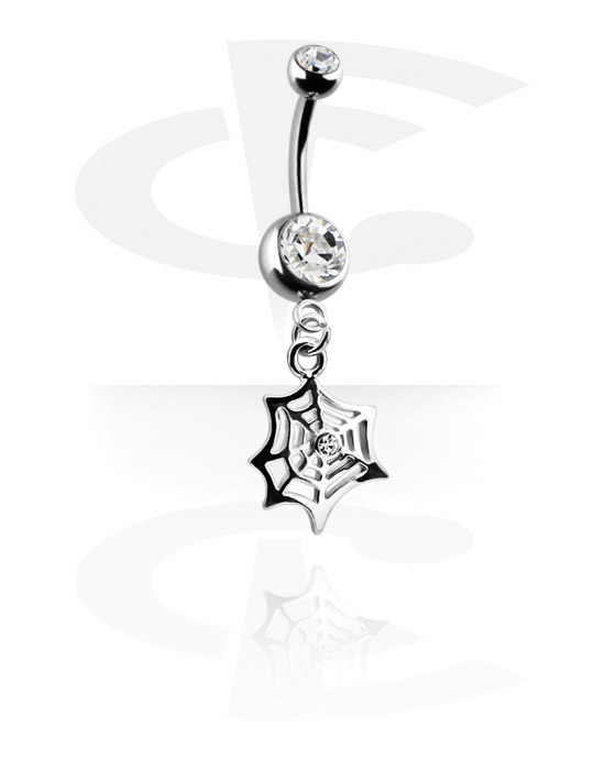 Curved Barbells, Belly button ring (surgical steel, silver, shiny finish) with spiderweb charm and crystal stones, Surgical Steel 316L, Plated Brass