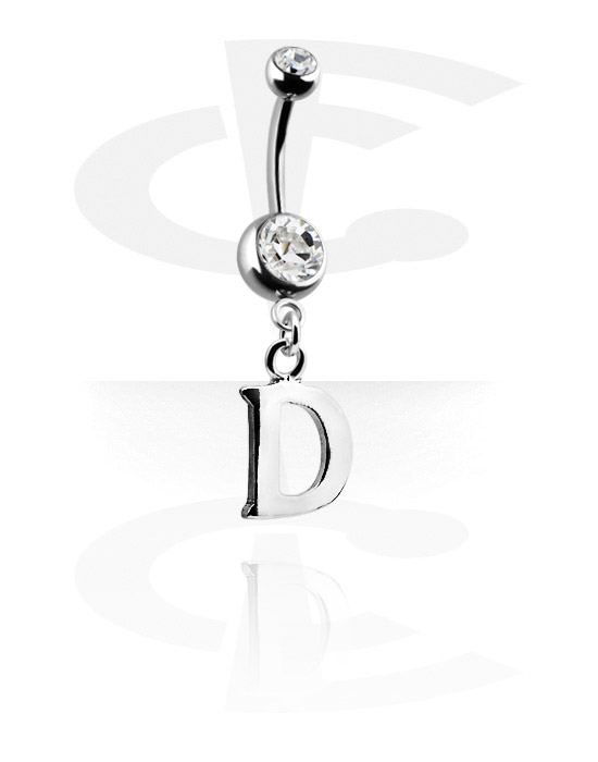 Curved Barbells, Belly button ring (surgical steel, silver, shiny finish) with charm with letter "D" and crystal stones, Surgical Steel 316L, Plated Brass