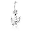 Bøyde barbeller, Navlering (kirurgisk stål, sølv, skinnende finish) med sommerfuglcharm og krystallsteiner, Kirurgisk stål 316L, Belagt messing