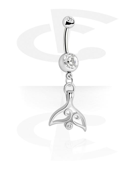 Curved Barbells, Belly button ring (surgical steel, silver, shiny finish) with tail fin charm and crystal stones, Surgical Steel 316L, Plated Brass
