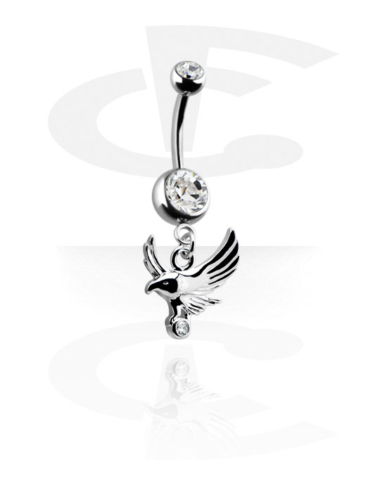 Curved Barbells, Belly button ring (surgical steel, silver, shiny finish) with bird charm and crystal stones, Surgical Steel 316L, Plated Brass