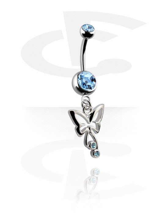 Curved Barbells, Belly button ring (surgical steel, silver, shiny finish) with butterfly charm and crystal stones, Surgical Steel 316L, Plated Brass