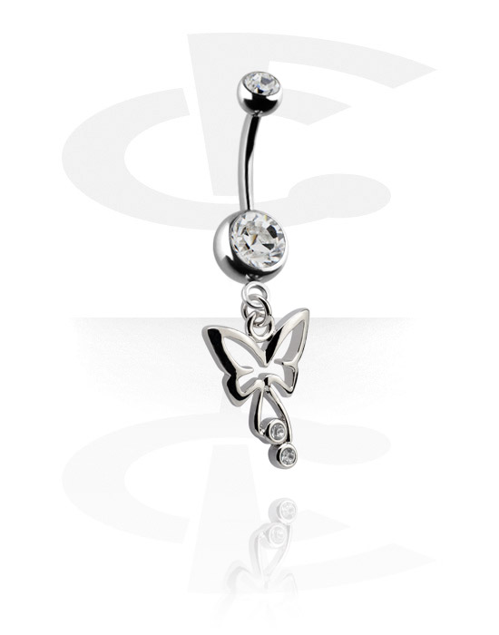 Curved Barbells, Belly button ring (surgical steel, silver, shiny finish) with butterfly charm and crystal stones, Surgical Steel 316L, Plated Brass