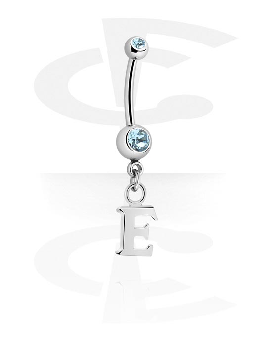 Bananer, Belly button ring (surgical steel, silver, shiny finish) med kristallkulor och charm with letter "E", Kirurgiskt stål 316L, Överdragen mässing