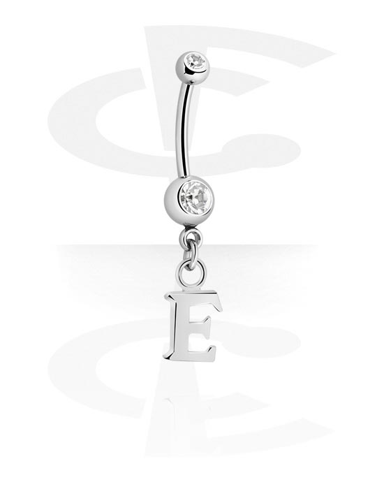 Curved Barbells, Belly button ring (surgical steel, silver, shiny finish) with Jewelled Balls and charm with letter "E", Surgical Steel 316L, Plated Brass