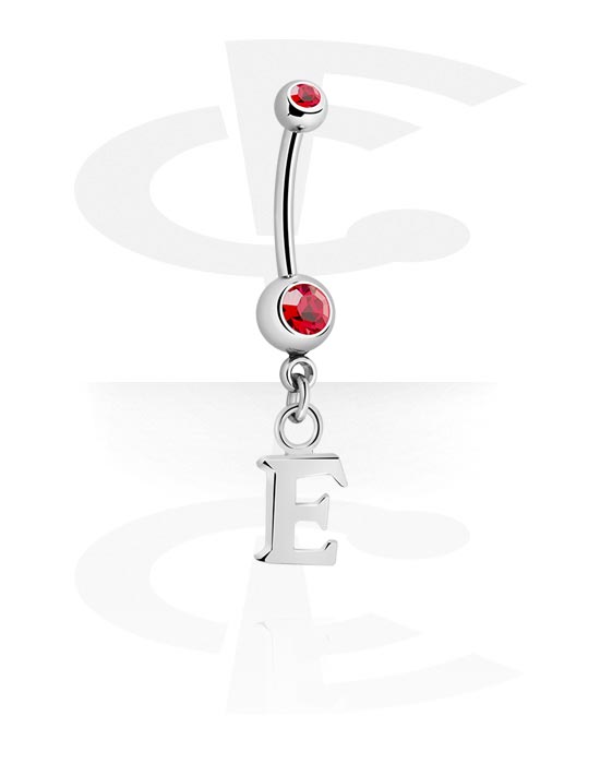 Curved Barbells, Belly button ring (surgical steel, silver, shiny finish) with Jewelled Balls and charm with letter "E", Surgical Steel 316L, Plated Brass