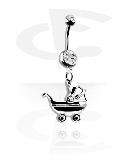 Curved Barbells, Belly button ring (surgical steel, silver, shiny finish) with pushchair charm and crystal stones, Surgical Steel 316L ,  Plated Brass