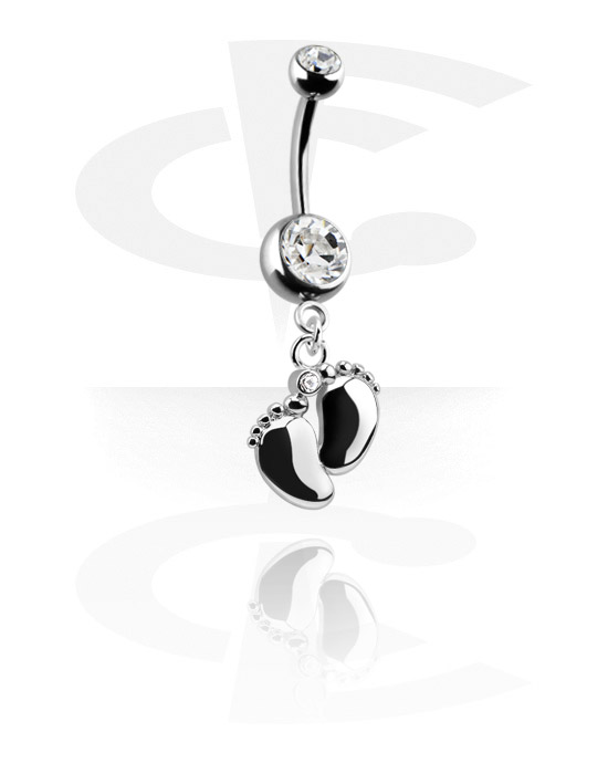 Bananer, Belly button ring (surgical steel, silver, shiny finish) med foot charm och kristallstenar, Kirurgiskt stål 316L, Överdragen mässing