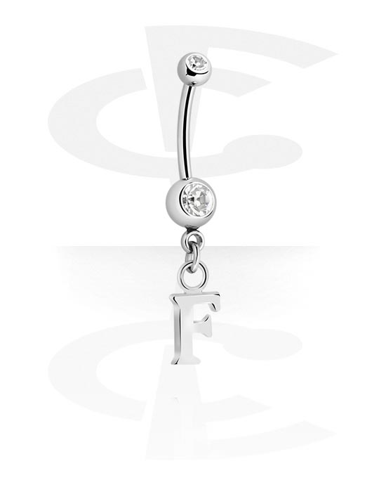 Curved Barbells, Belly button ring (surgical steel, silver, shiny finish) with charm with letter "F" and crystal stones, Surgical Steel 316L, Plated Brass