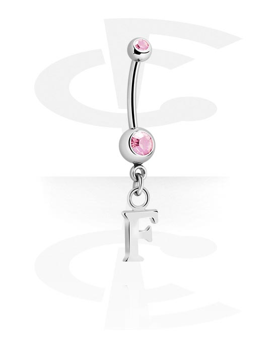 Curved Barbells, Belly button ring (surgical steel, silver, shiny finish) with charm with letter "F" and crystal stones, Surgical Steel 316L, Plated Brass