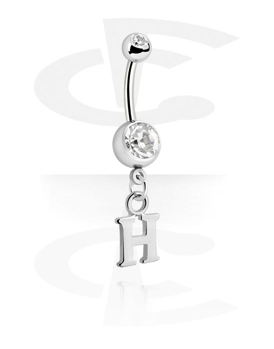 Curved Barbells, Belly button ring (surgical steel, silver, shiny finish) with charm with letter "H" and crystal stones, Surgical Steel 316L, Plated Brass
