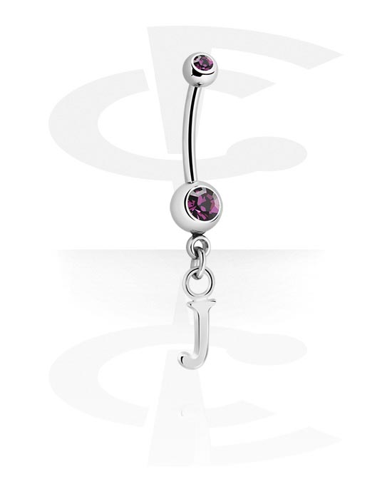 Curved Barbells, Belly button ring (surgical steel, silver, shiny finish) with charm with letter "J" and crystal stones, Surgical Steel 316L, Plated Brass
