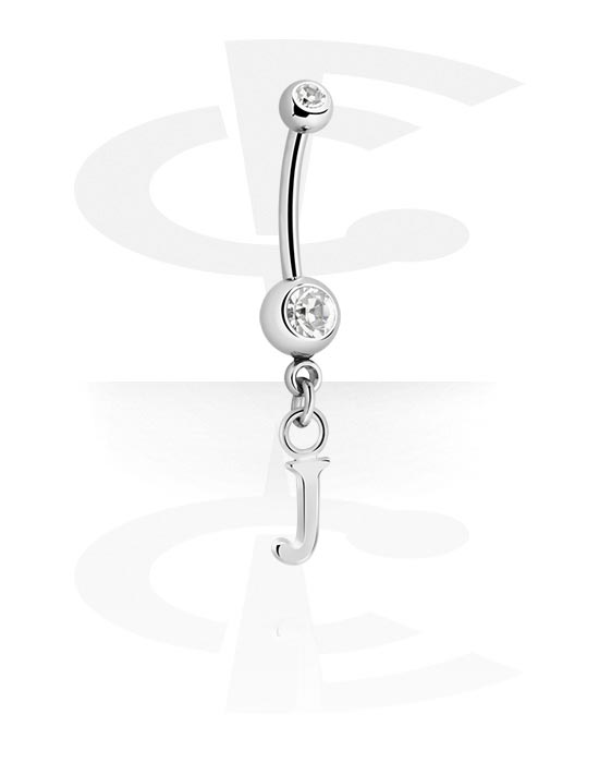 Curved Barbells, Belly button ring (surgical steel, silver, shiny finish) with charm with letter "J" and crystal stones, Surgical Steel 316L, Plated Brass
