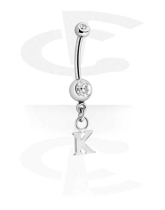 Bananer, Belly button ring (surgical steel, silver, shiny finish) med charm with letter "K" och kristallstenar, Kirurgiskt stål 316L, Överdragen mässing