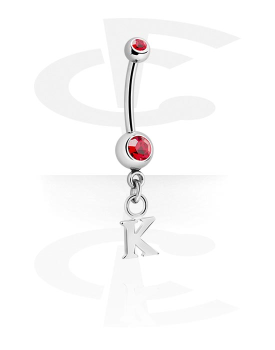 Curved Barbells, Belly button ring (surgical steel, silver, shiny finish) with charm with letter "K" and crystal stones, Surgical Steel 316L, Plated Brass