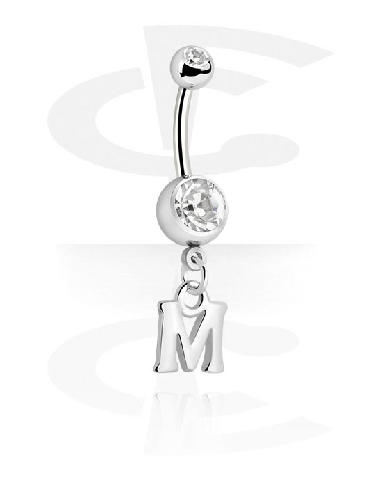 Buede stave, Navlering (kirurgisk stål, sølv, blank finish) med charm med bogstavet M og krystaller, Kirurgisk stål 316L, Pletteret messing