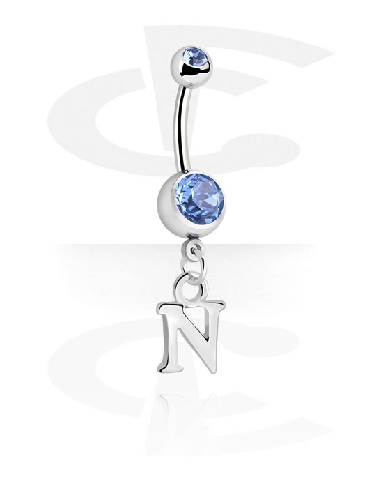 Curved Barbells, Belly button ring (surgical steel, silver, shiny finish) with charm with letter "N" and crystal stones, Surgical Steel 316L, Plated Brass