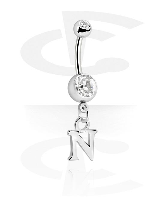Bananer, Belly button ring (surgical steel, silver, shiny finish) med charm with letter "N" och kristallstenar, Kirurgiskt stål 316L, Överdragen mässing