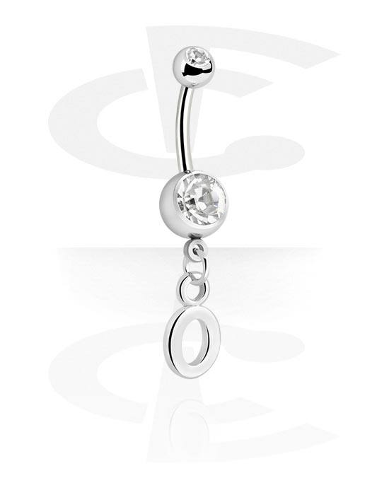Curved Barbells, Belly button ring (surgical steel, silver, shiny finish) with charm with letter "O" and crystal stones, Surgical Steel 316L, Plated Brass